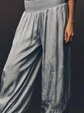 Anthropologie Blue Floral Wide Leg Trousers Pants Satin